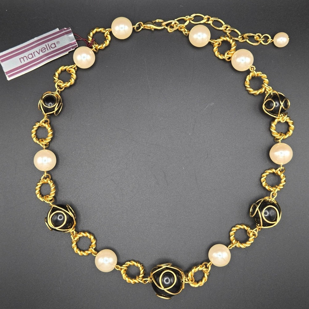 Marvella Faux Pearl Black Wire Cage Bead Gold Tone‎ Necklace 16 to 18 Inch NWT